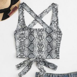 Cropped snake skin print cross tie tank top